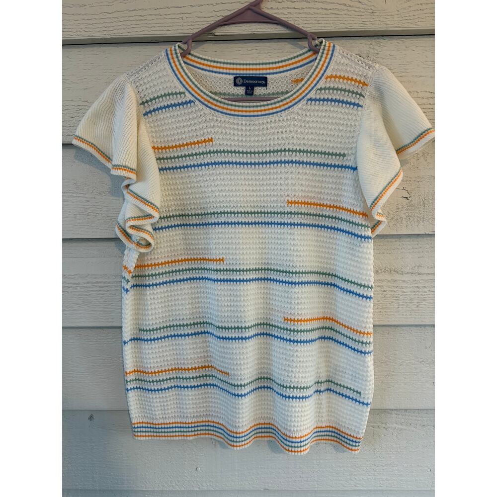 Democracy Rainbow Stripe Flutter Sleeve Knit Sweater Top Size Large - Picture 2 of 8